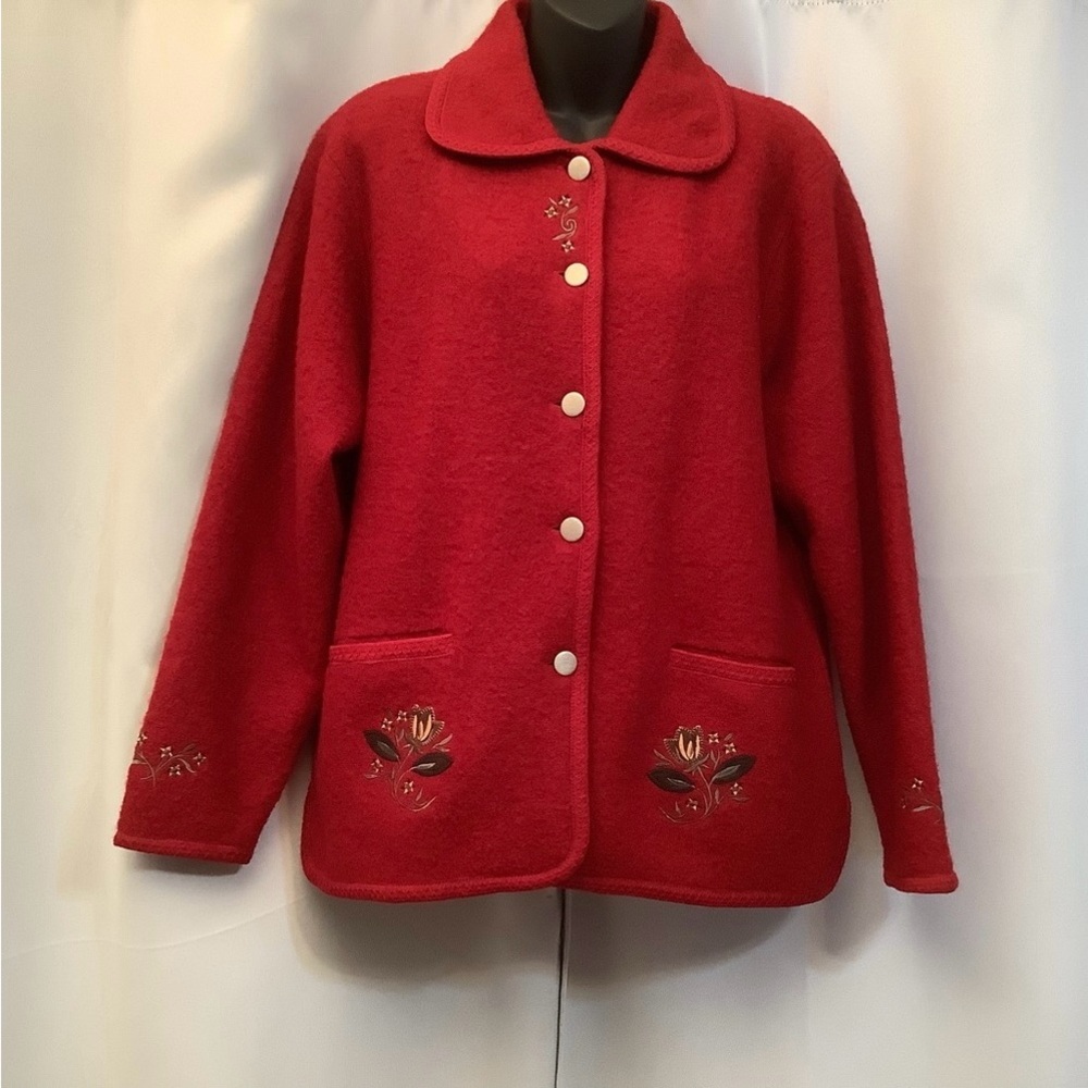Baya Jacket Blazer Women’s Size Large Wool Embroidered Floral Red